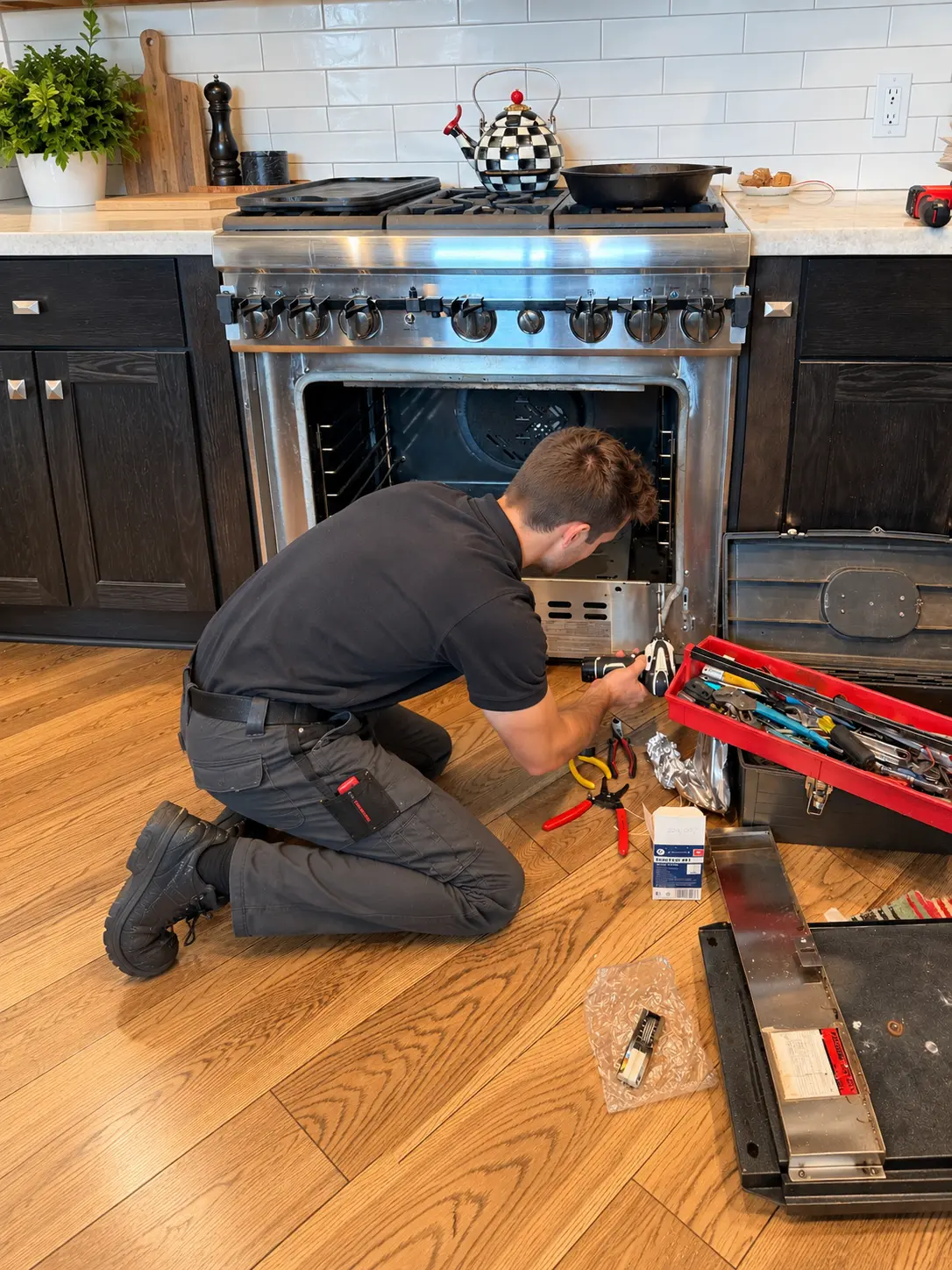 ProStar technician replacing a failed oven igniter in a stainless gas range in Orange, California