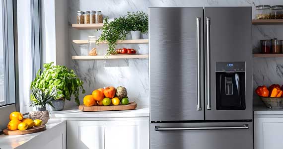 Refrigerator in modern kitchen interior – common issue: refrigerator not cooling
